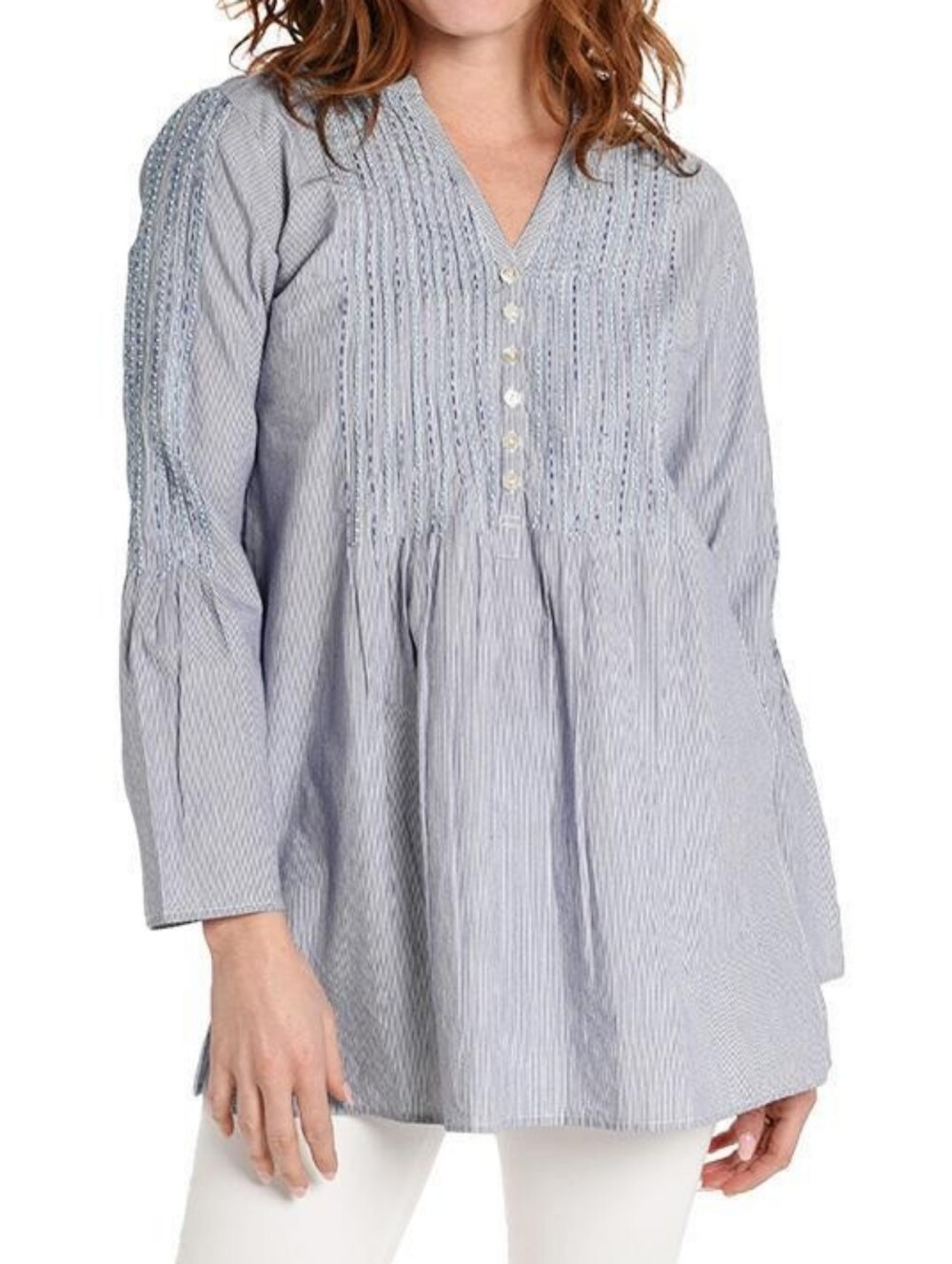 Roller Rabbit Striped Embroidered Tunic Shirt Size L Blue White Boho Coastal